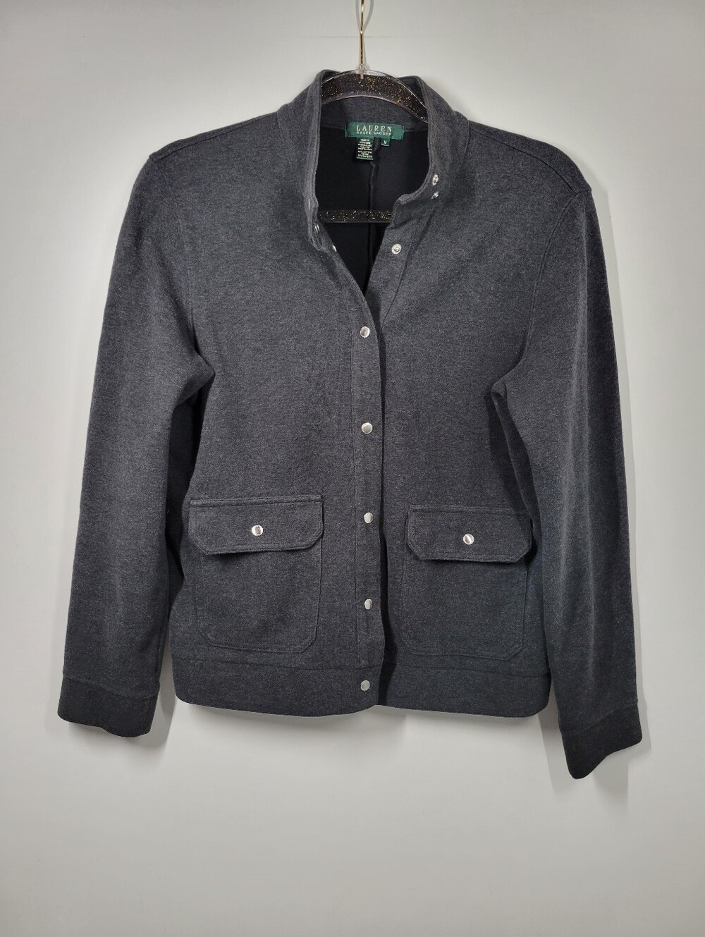 Ralph Lauren Gray Mock Neck Preppy Sweatshirt Blazer Jacket Pockets Women Size M